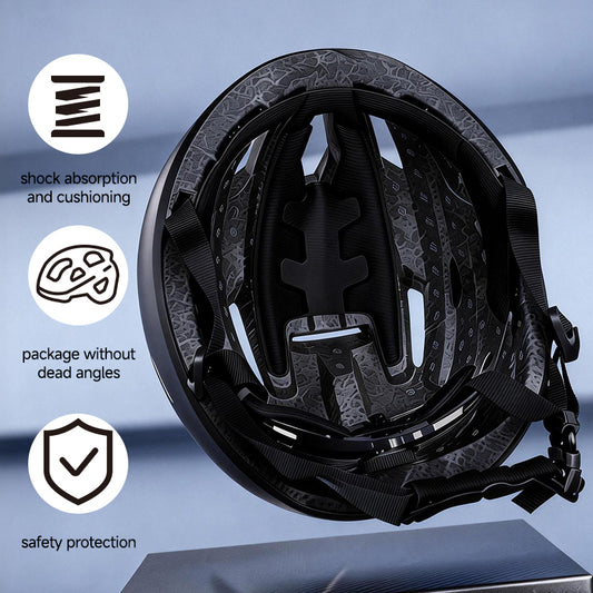 Smart LED bicycle helmet front view with red LED eye pattern display