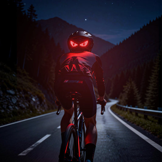 Cyclist riding at night with Smart LED helmet and tail light for maximum visibility