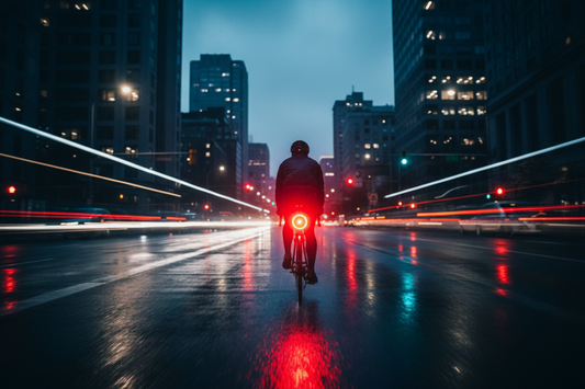 Cyclist riding at night on a wet city street with a bright smart LED red taillight glowing, city lights and car light trails blurred in the background