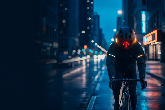 Cyclist wearing a smart LED helmet at night on a city street