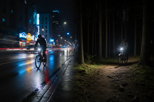 Split scene comparison of urban night cycling with LED bike lights on city streets versus trail riding with powerful front beam through dark forest