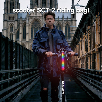 SCT-2 smart LED scooter riding bag front view with LED display active