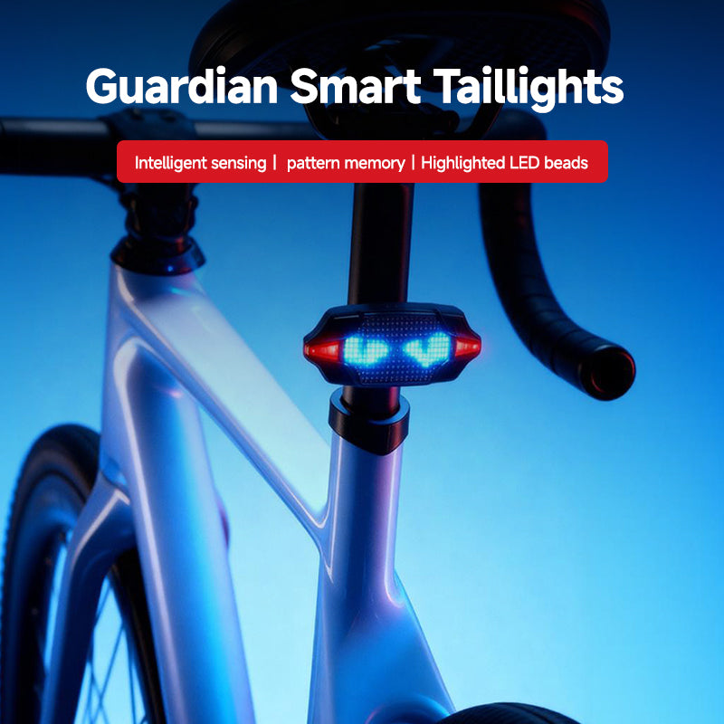Guardian smart LED bike taillight mounted on bicycle seat post with blue LED eye pattern display