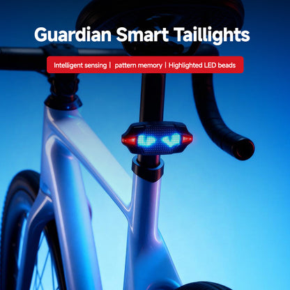 Guardian smart LED bike taillight mounted on bicycle seat post with blue LED eye pattern display