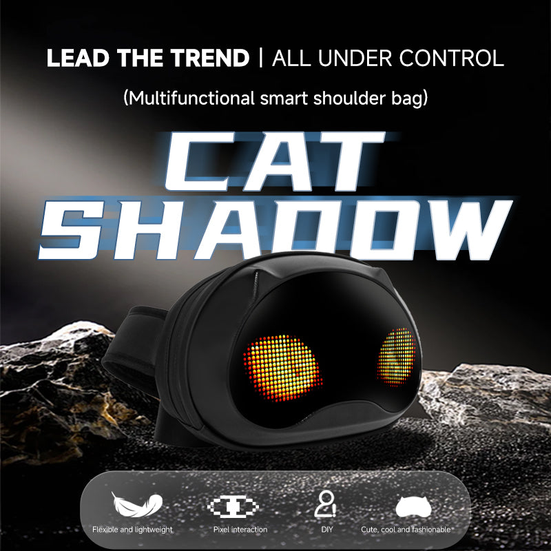 CAT SHADOW smart LED shoulder bag hero shot with dual pixel-eye LED display glowing