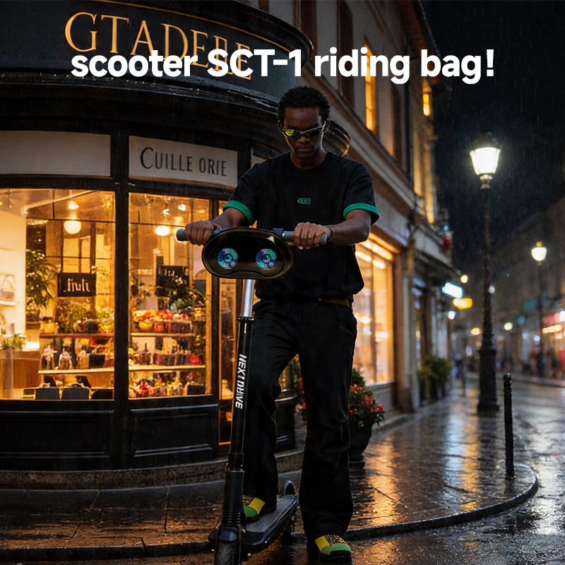 SCT-1 smart LED scooter riding bag front view with LED display active