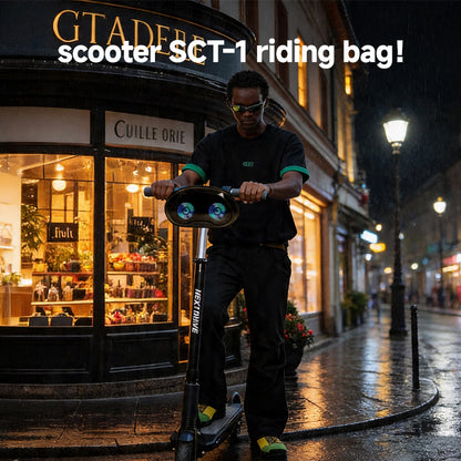 SCT-1 smart LED scooter riding bag front view with LED display active
