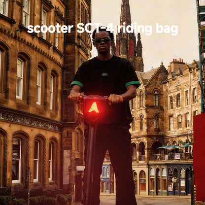 SCT-4 smart LED scooter riding bag front view with red LED arrow display active