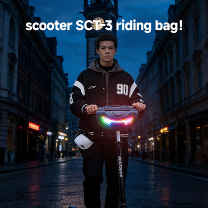 SCT-3 smart LED scooter riding bag front view with multicolor LED display active city night