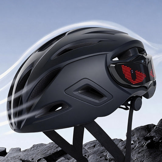 Smart LED bicycle helmet front view with multicolor LED display active