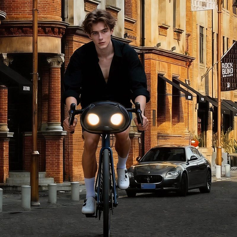 SCT-1 smart LED riding bag mounted on scooter handlebar night scene
